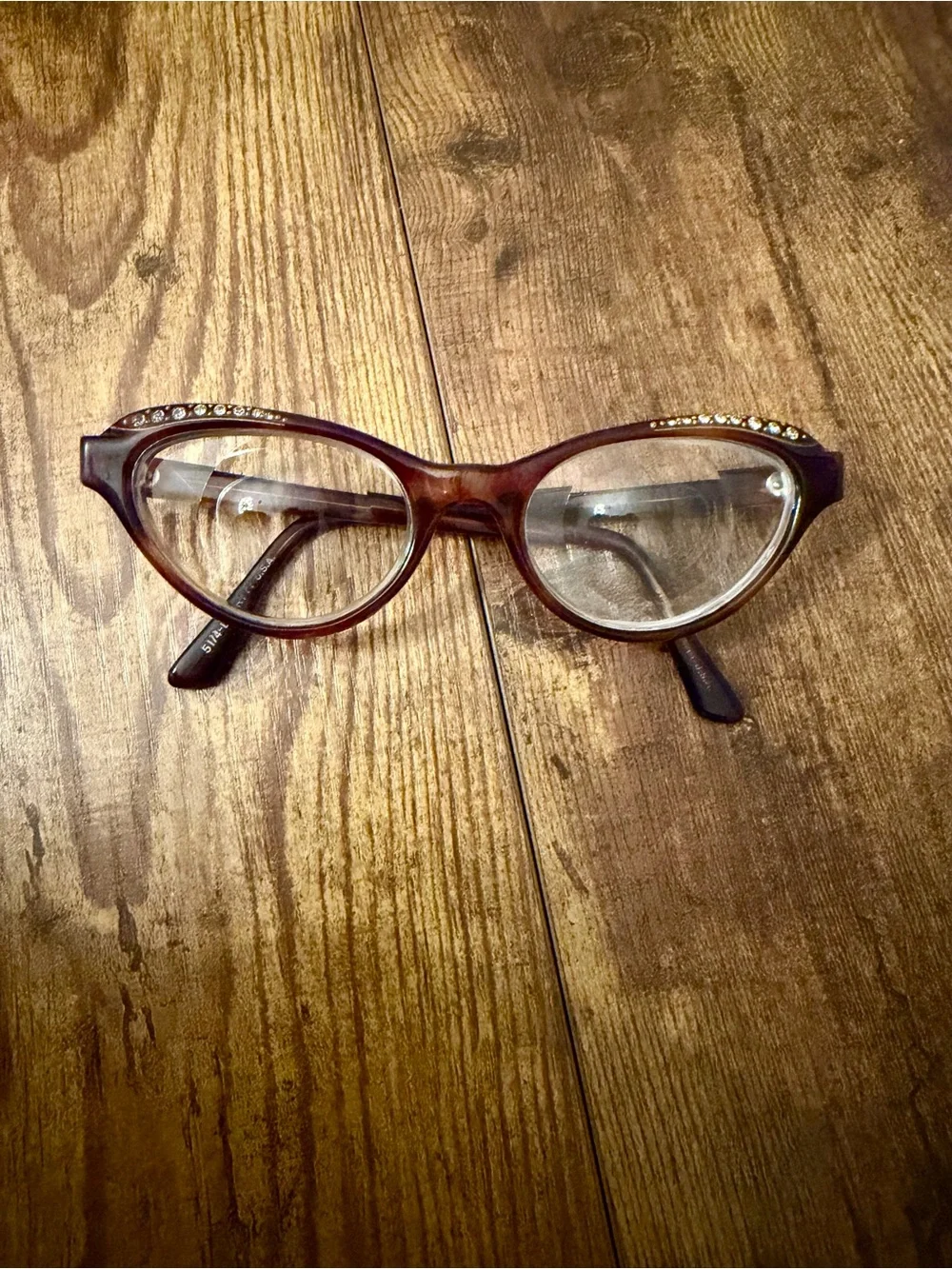 Vintage Liberty Optical USA Brown Smoke Rhinestone Cat Eye Eyeglass Frames 48 18